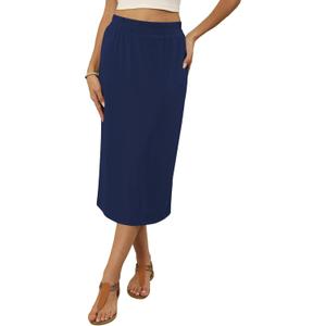 Naggoo Midi Skirts for Women Summer Elastic High Waisted Basic Straight Skirt with Slit (Blue, L)