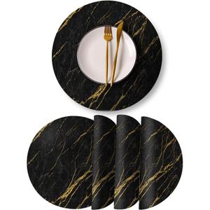 Round Leather Placemats Set of 4 PU Waterproof Non-Slip Washable Heat Resistant Place Mat for Kitchen Dining Table - Black Marble Gold Line