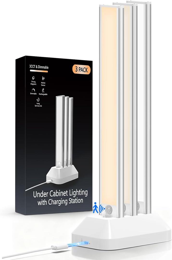 14in Under Cabinet Lighting with Charging Station, 3200mAh Rechargeable Motion Sensor Light Indoor, 3 Color Tempers Dimmable Closet Lights Wireless, Magnetic Under Cabinet Lights for Kitchen, 3-Pack