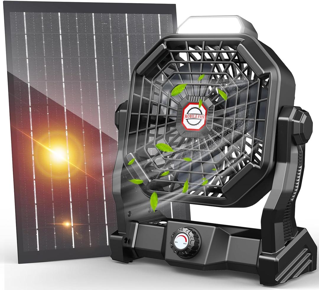 20000mAh Solar Fan, Camping Fan with Solar Panel, 7W 9-Inch Rechargeable Battery Operated Fans for Outside, LED Lantern, Stepless Speed and Quiet Battery Powered Solar Tent Fans for Outdoor, Barbecue (Black)