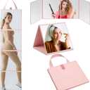 3 Way Foldable Full Length Mirror with Handle 31.89 x 11.22 Inches Leather Portable Camping Travel Hanging Folding Body Mirror for Makeup Dance Fitness Spa Hair Styling(Pink,Classic)