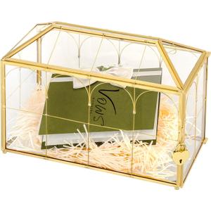 Glass Wedding Card Box with Lock and Slot, 12.6" x 6.1" x 9" Large Gold Clear Card Box for Wedding Reception, Graduation, Keepsake Display, Party Centerpiece -Gold