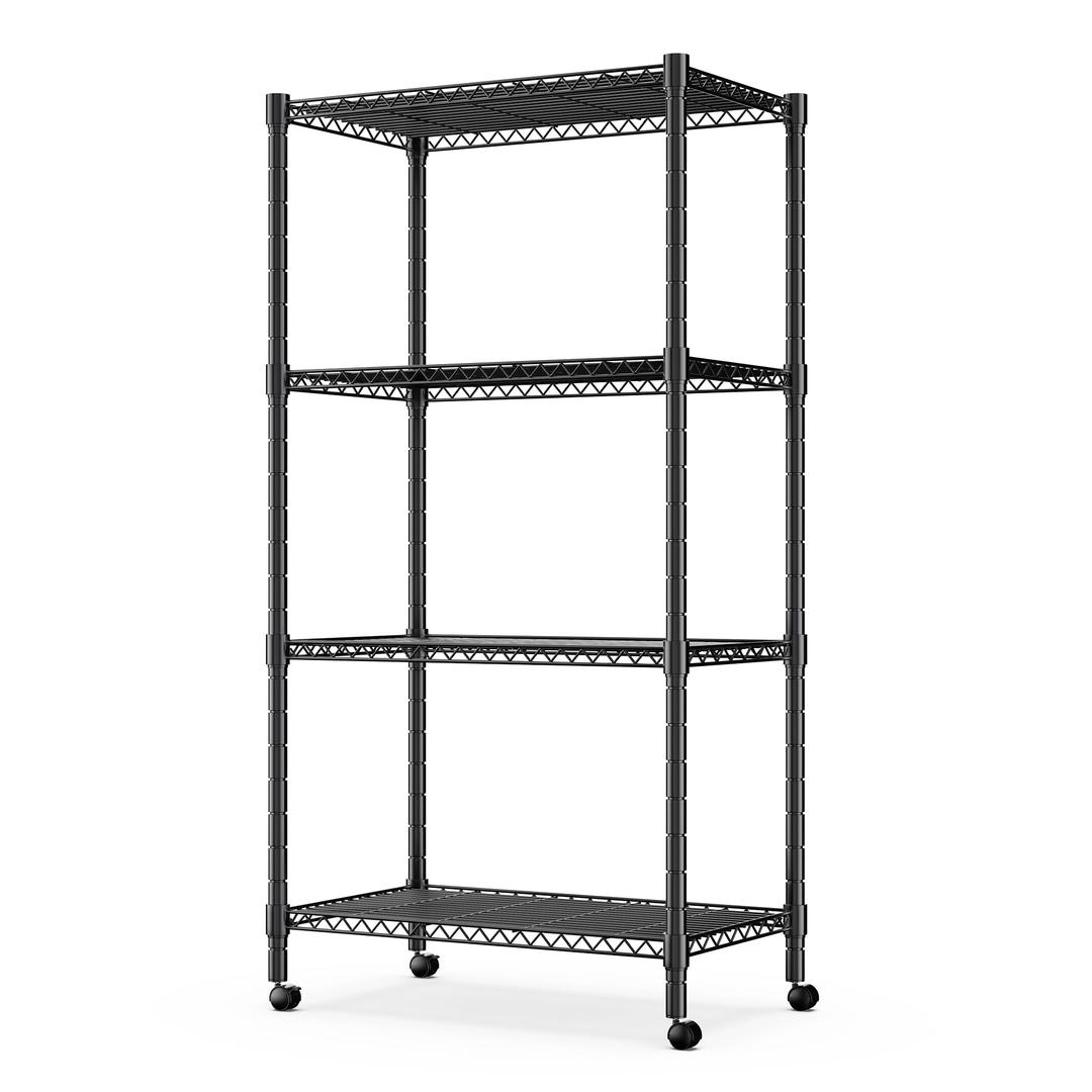 Simple Deluxe 4-Tier Heavy Duty Adjustable Storage Shelf with Wheels, 23.23W x 17.63D x 47.24H, Wide Mobile Metal Shelving Unit, Easy Assembly for Living Room, Office,Black