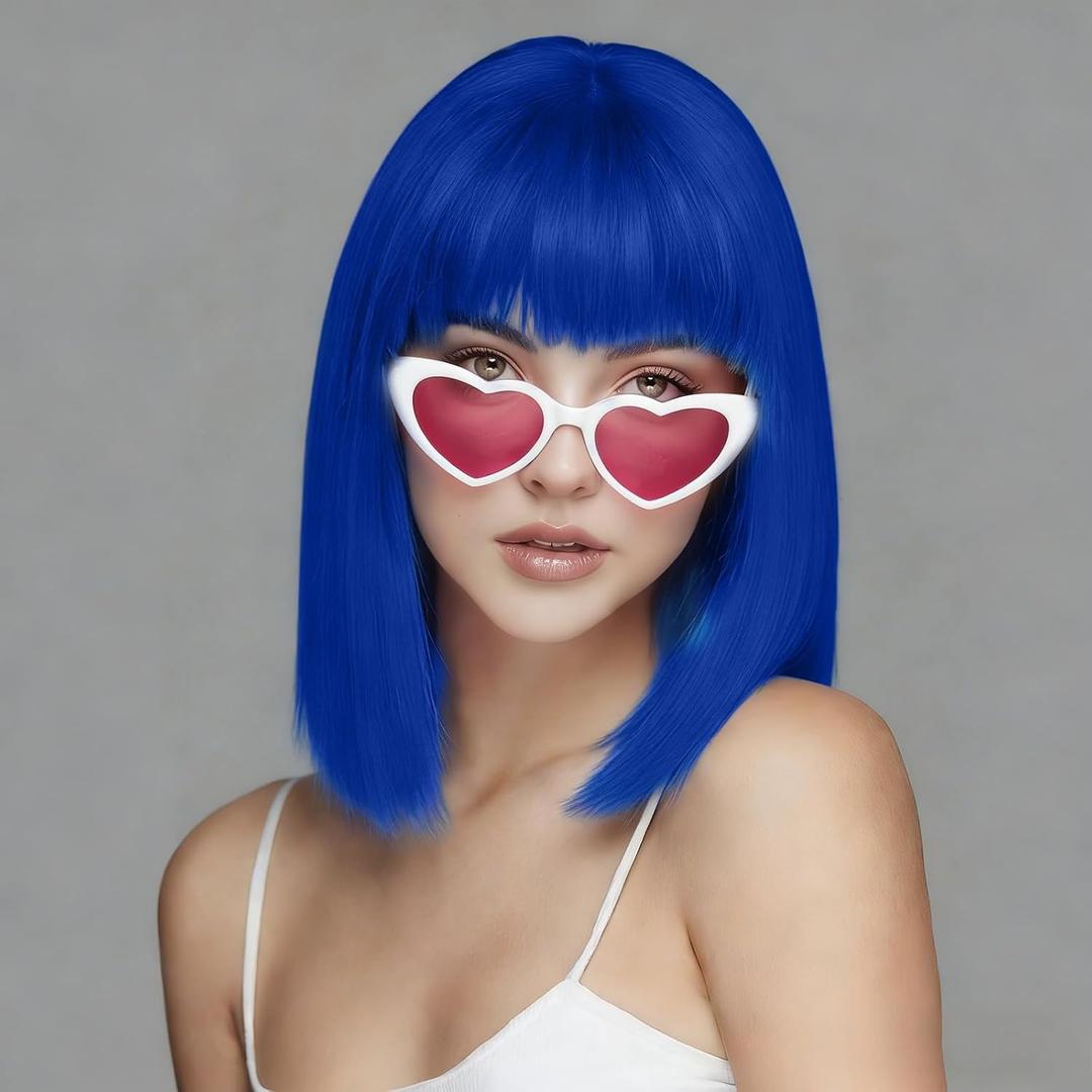 SUKRI Dark Blue Bob Wig With Bangs - Short Straight Bob Bangs Wig, 12Inch Heat Resistant Synthetic Hair, Natural Looking For Daily Party Use