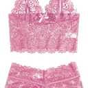 SweatyRocks Women's 2 Piece Lingerie Set Sheer Lace Cut Out Bra and Panty Teddy Lingerie (Medium, Pink)