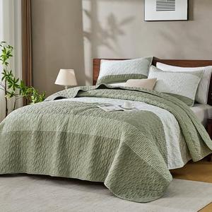 Andency Queen Quilt Bedding Set Weat Green, 3 Pieces Patchwork Summer Striped Ultra Soft Lightweight Bedspreads, Coverlets Set with 2 Pillow Shams for All Seasons (90"x96")