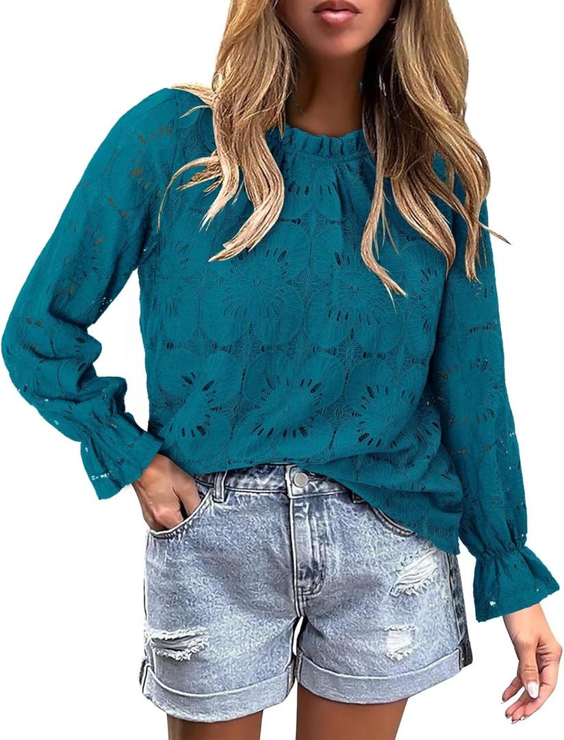 StunShow Women Eyelet Shirts Long Sleeve Shirts for Women Lace Dressy Embroidered Blouses 2025 Fashion Top (Blue, XL)