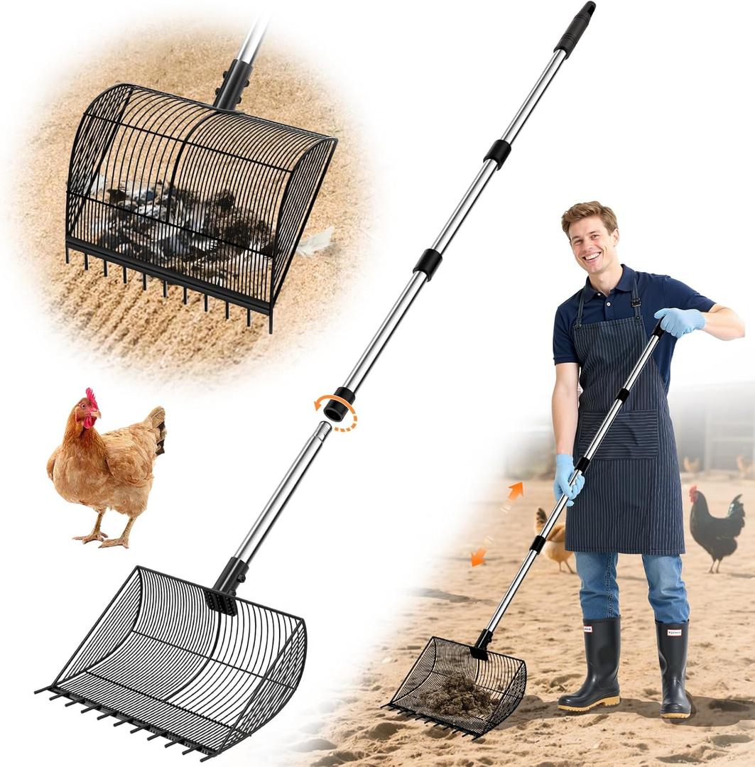 Large Chicken Poop Scooper & Rake 2-in-1, Adjustable 26-69" Stainless Steel Handle, Litter Scooper & Sand Sifting Shovel for Chicken Coop with 2-Shape Sifting Holes (Black)