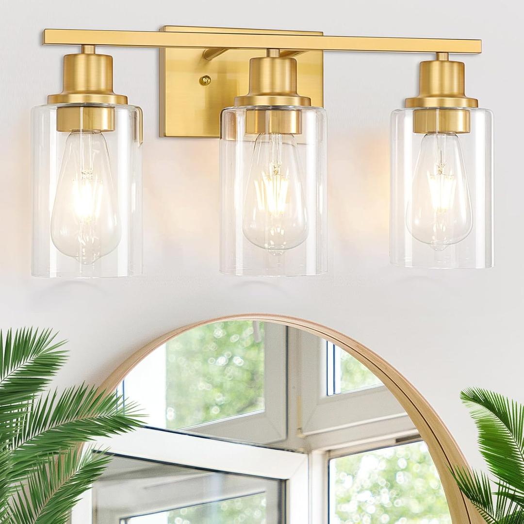 3-Light Gold Bathroom Light Fixtures, Brushed Brass Vanity Light Fixture Modern Bath Wall Sconce Lighting Wall Mount Light Over Mirror with Clear Glass Shade for Living Room Bedroom Hallway