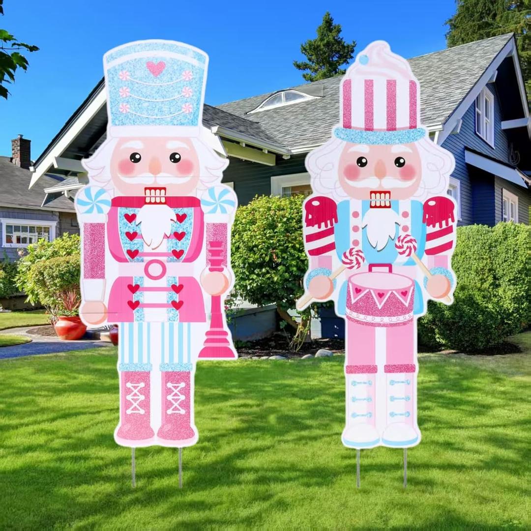 Sawysine 2 Pack Pink Christmas Nutcracker Yard Signs Decorations Outdoor with Stakes 37" Pink Nutcracker Decoration Soldier Xmas Lawn Garden Sign Door Porch Pathway Decor for Winter Holiday Party