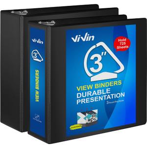 ViVin Durable 3 inch D Ring View Binder, Large 3" Slant-D Ring with 725-Sheet Capacity, Fit 8.5" x 11" Paper, 2 Pack(Black)