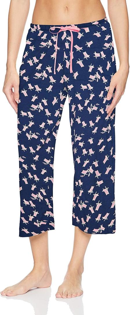 HUE womens Basic Printed Knit Capri Pajama Sleep Pant, Made With Temperature Control Technology (Large, Medieval - Beach Chair)