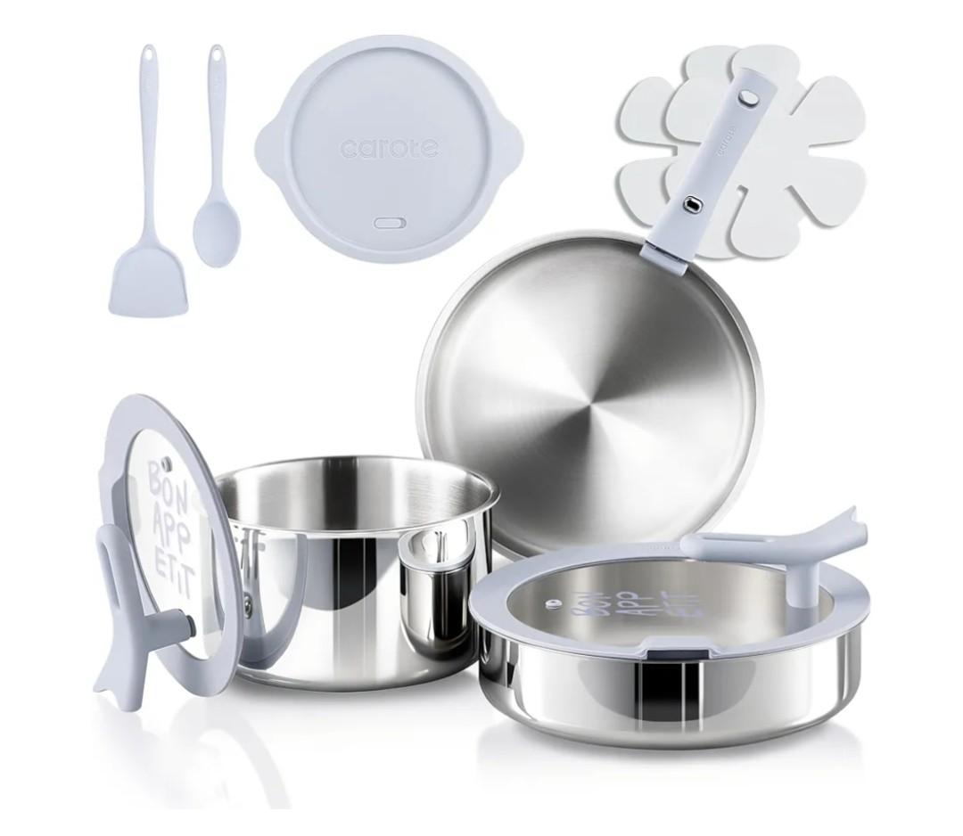 CAROTE Tri-Ply Stainless Steel Cookware Set with Stand-Up Lid, 11Pcs Pots and Pans Set Non Stick, Induction Kitchen Cooking Sets with Detachable Handle, Oven Safe to 600°F, Non Toxic Dishwasher