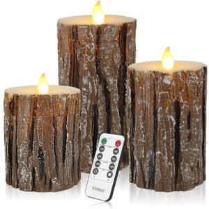 Vinkor Flameless Candles Battery Operated Candles Real Wax Pillar LED Candles with 10-Key Remote and Cycling 24 Hours Timer (Birch Effect 4" 5" 6")