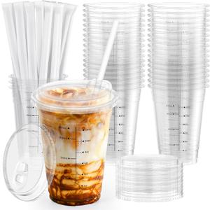 100 Pack - 16 oz Ratio Lines Iced Coffee Cups with Lids & Straws  No Guessing for Consistent Drinks, Disposable Clear Plastic Cups with Lids and Straws for Coffee, Smoothies, Juice, Parties Food Safe