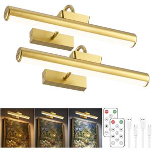 Picture Light Battery Operated, 13in Cordless Art Light for Paintings, Dimmable 5000mAh Recharging Battery Picture Light with Remote Control for Wall, Gallery Dartboard Art Bedroom (Gold-2Pack)