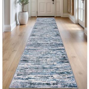 Lansny Modern Abstract Runner Rug 2.6x14, Grey Blue White Washable Long Kitchen Runner Non-Slip Soft Hallway Rug Runner Thin Print Faux Wool Carpet for Entryway Bedroom Laundry Room Indoor Home Decor