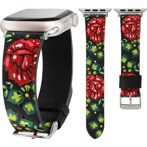 Moolia Floral Leather Band Compatible with Apple Watch Band 42/41/40/38/46/45/44/49mm Women, Cute Romantic Vintage Rose Pattern Strap for iWatch Series 11 10 9 8 7 6 5 4 3 2 1 SE/Ultra(1/2/3) (Black/Red)