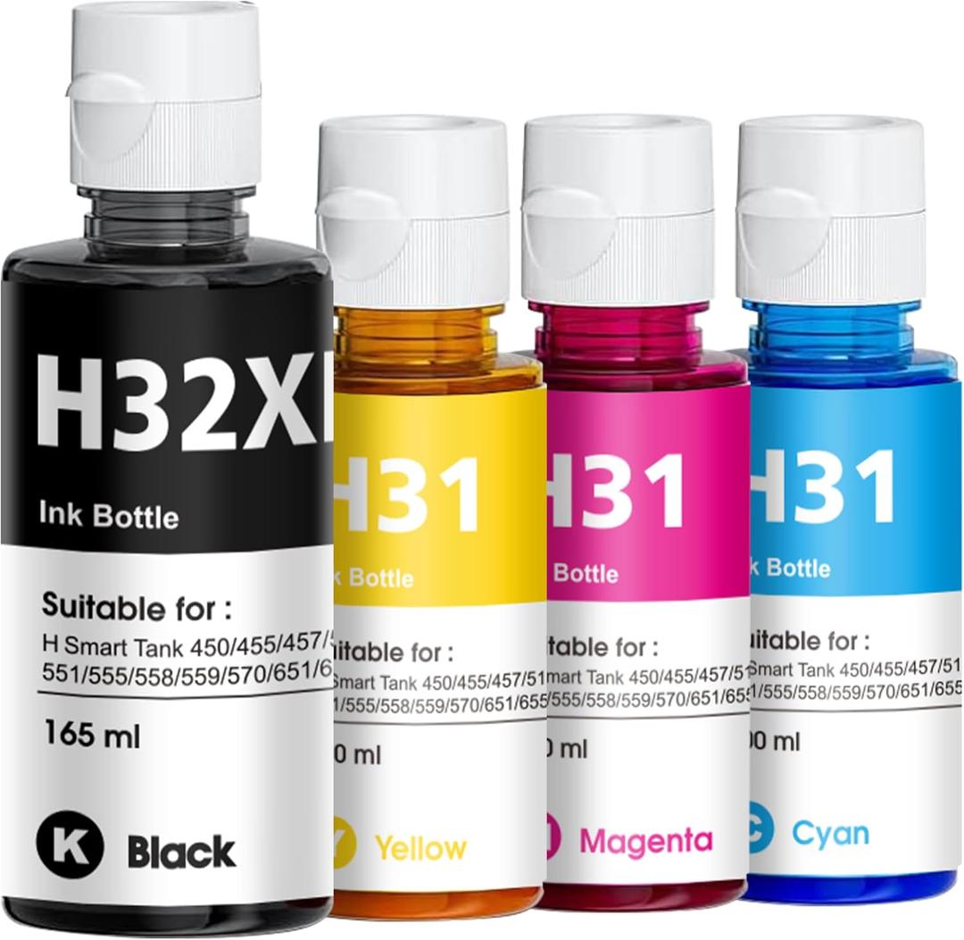 31 32XL Ink Bottle Set High Yield Ink Refills Compatible for HP Smart Tank 5101 7301 7602 7001 6001 Plus 551 651 455 457 450 All-in-One Printers, 4-Pack (165ML 32XL Black Ink, 100ML 31 Color Ink)