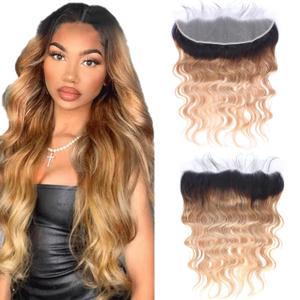 Ombre 13 x 4 Lace Frontal Closure Body Wave HD Transparent Ear to Ear HD Lace Frontal Closure Pre Plucked With Baby Hair Free Part 100% Remy Human Hair 180% Density (14 Inch)