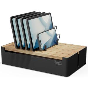 Prosumer's Choice Black Wooden Charging Station Organizer for Multiple Devices - Cable Management Box with 5 Slots and Removable Dividers - Charger Organizer for Phone, Tablet, Home, Office, 12"x6"x7" (Metal & Bamboo Black)