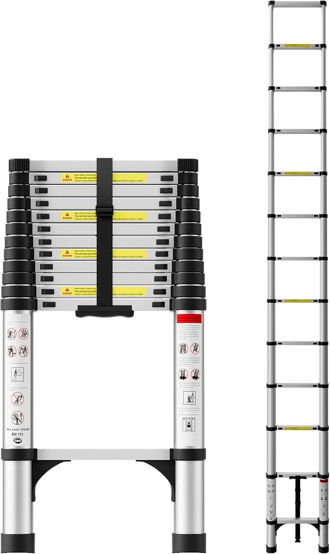 16.5 FT Telescoping Ladder, Aluminum Extension Ladder, 330 lbs Capacity with Triangular Stabilizers, Portable Collapsible Ladder for Roof, Home and RV; Silver