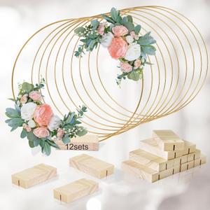 12Pcs 12 Inch Floral Hoop Centerpiece Table Decorations, Metal Gold Center Pieces Decoration for Table with Wood Base, Table Centerpieces for DIY Wedding Decor Wall Hanging Crafts