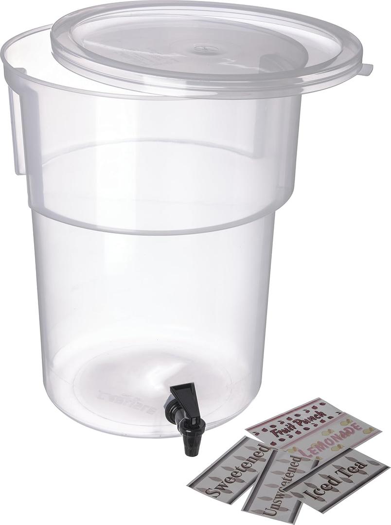 Carlisle FoodService Products Round Beverage Dispenser Drink Dispenser with Spigot for Catering, Plastic, 5 Gallons, Clear