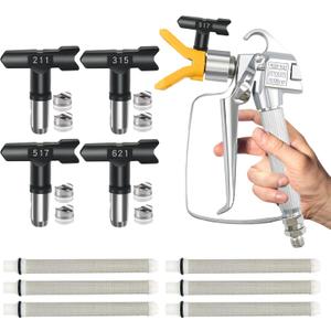 Airless Paint Spray Gun with Tip Guard and 4 Reversible Spray Tips and 6 Spray Gun Filters Sprayer Paint Accessories for Airless Spraying Machine (211, 315, 517, 621)