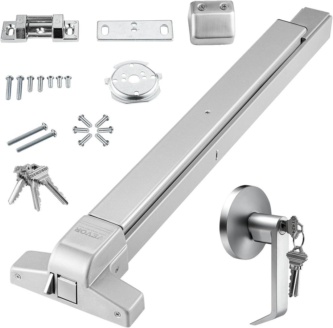 VEVOR Door Push Bar Panic Exit Device, 28 Stainless Steel Commercial Emergency Exit Door Push Bar with Exterior Lever and 3 Keys, Emergency Exit Door Hardware for 28"-41" Metal Wood Door