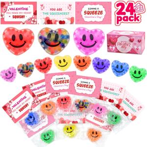 Valentines Day Gifts for Kids, 24 Pack Valentines Day Cards for Kids Classroom, Kawaii Mochi Squishy Toys Bulk with Valentines Cards for Kids Boys Girls School Classroom Exchange Party Favors