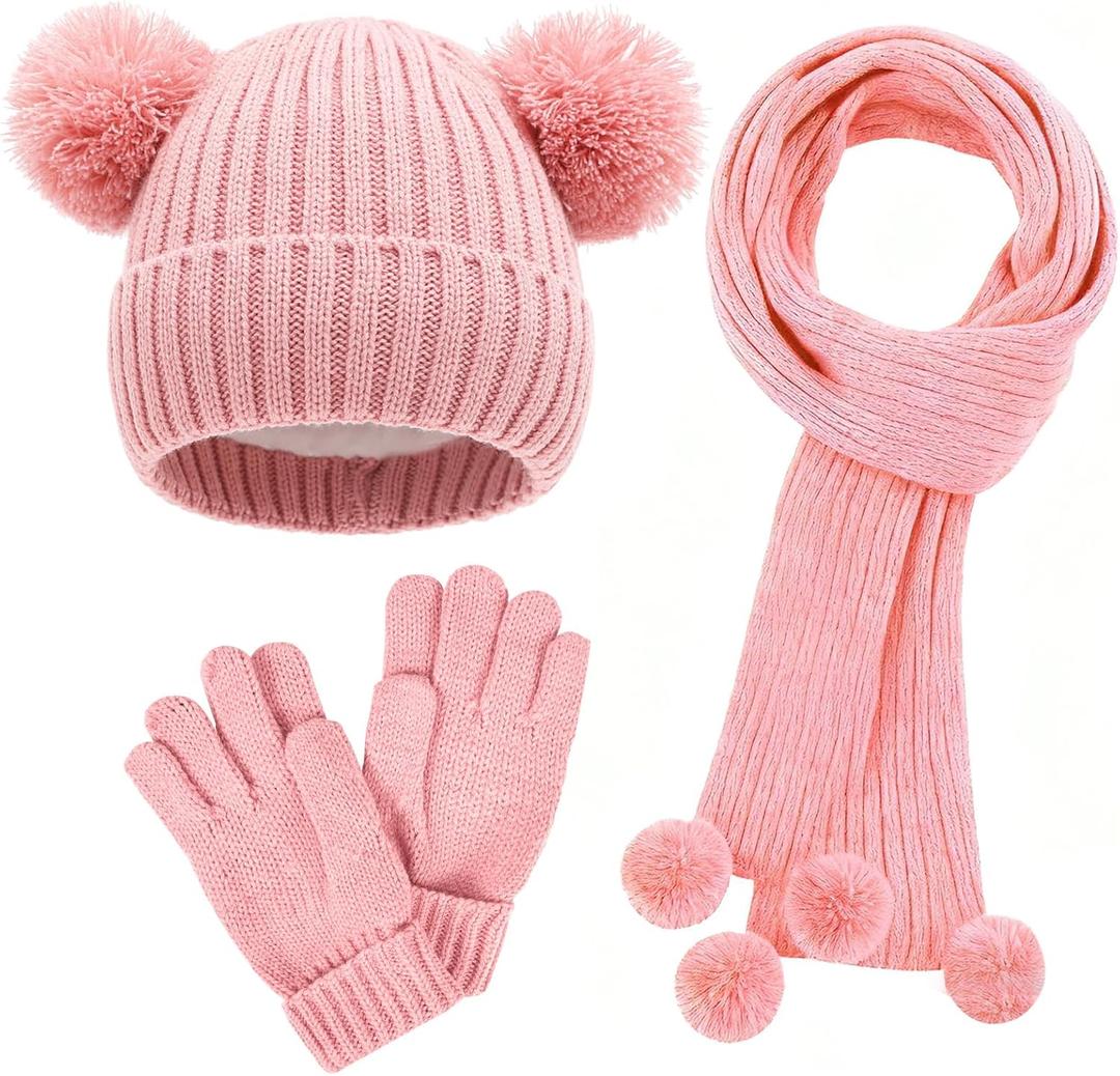 Kids Winter Gloves Hat Scarf for Girls,Ages 3-10 Kids Christmas Gifts,8 7 6 Years Old Girl Wool Beanie Gloves Hat Scarf (Pink)