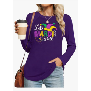 Mardi Shirts for Women: Carnival Glitter Mask Graphic T Shirt Mardi Outfit Fat Tuesday Long Sleeve Tops
Size L