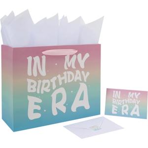 5 x wishinside 13 Large Rainbow Happy Birthday Gift Bag Set with Handles, Greeting Card, Tissue Papers and Stickers for Girls Women Kids Teens, In My Birthday Era Design, 1 Pcs