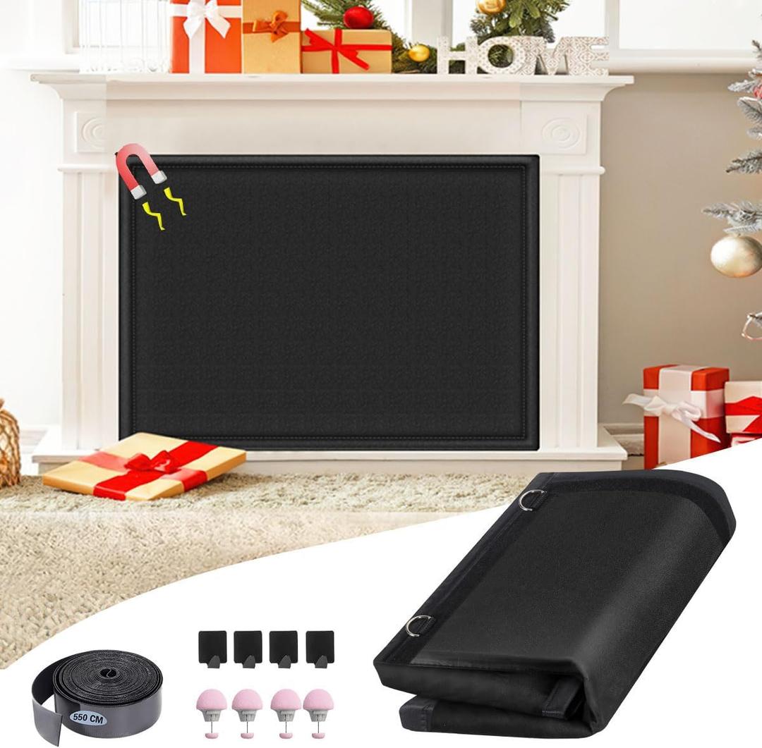 CADARA Fireplace Blocker Blanket Stops Heat Loss, Magnetic Fireplace Draft Stopper, Indoor Fire Place Draft Cover with Hook and Loop Tapes, Cold Air Blocker Save Energy, Black 42" W x 32" H