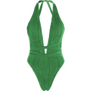 ZAFUL Women Plunging One Piece Swimsuit Backless Cross Tie High Cut Thong One-Piece Bathing Suit (Medium, 23-green)