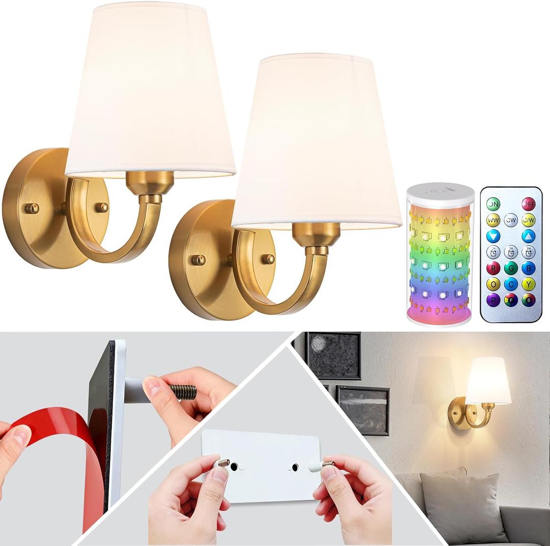 Peel and Stick Wall Sconces, Stick On Wall Sconces Battery Operated, Wireless Adhesive Wall Sconce with 10000mAh Battery Corn Bulb, No Drilling Wall Lamp for Bedroom Living Room (Brass)