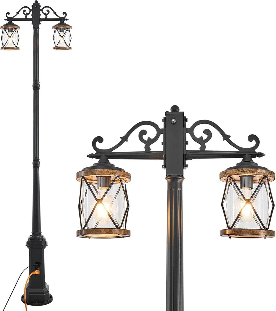Dusk to Dawn Outdoor Lamp Post Lights with GFCI Outlet,Double-Head Farmhouse Street Light Fixture,Aluminum Black Pole Exterior Lights, Waterproof Lantern Outdoor Lighting