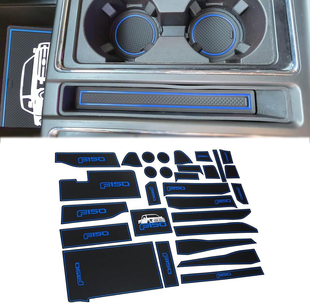 Custom Fit Liner Mats Compatible with Ford F150 Accessories 2015 2016 2017 2018 2019 2020 Anti Dust Center Console Cup Holder Door Pocket Inserts Interior Pads, 29 Pcs, Blue Trim