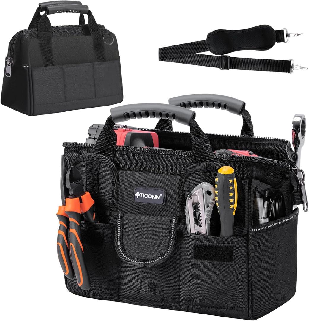 TICONN Heavy Duty Tool Bag with Multi-Pockets, Portable Tool Box Organizer Storage Bag, with Adjustable Shoulder Strap and Ergonomic Handle (Black, 12" Standard Base)