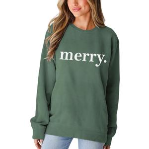 SOFEON Merry Christmas Sweatshirts For Women Holiday Long Sleeve Shirts Letter Print Crewneck Pullover Oversized Tops (Large, Green)