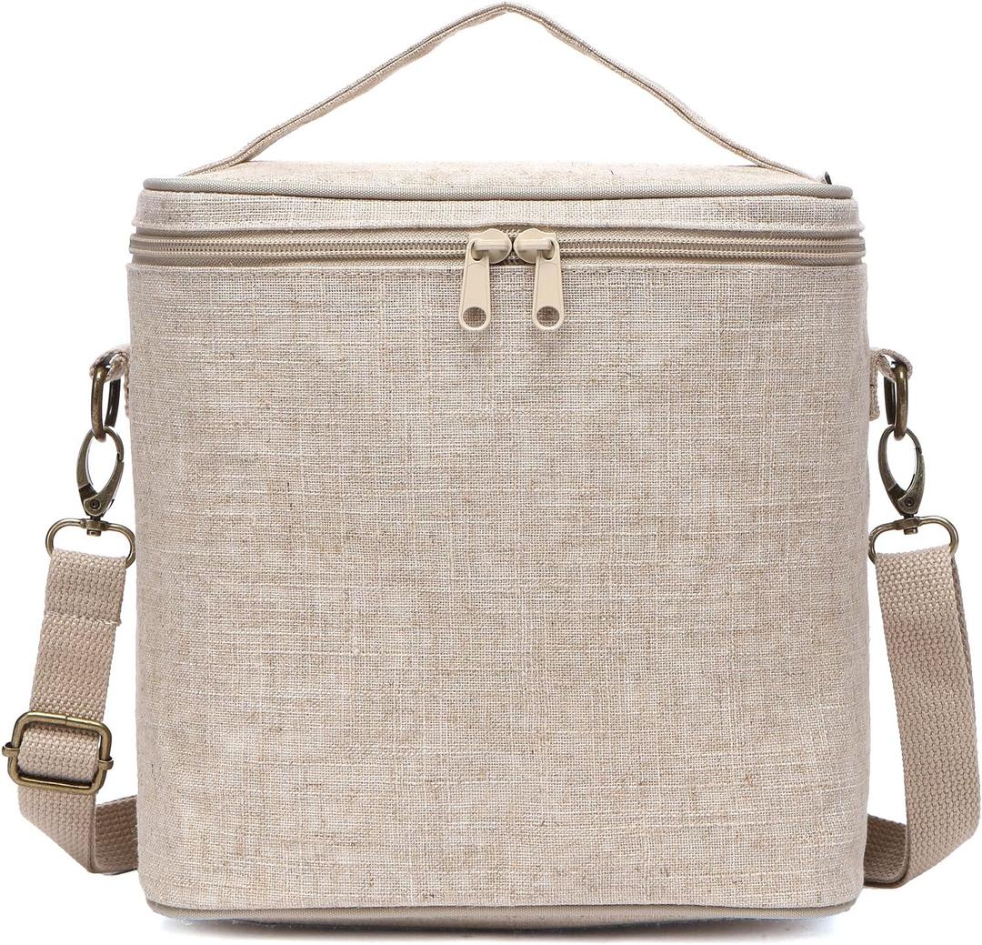Lunch Bag for Women, Soft Linen Lunch Bag with Adjustable Shoulder Strap, Insulated Womens Lunch Bag for Work, Machine Washable Lunch Box with Removable Liner (Natural Color)