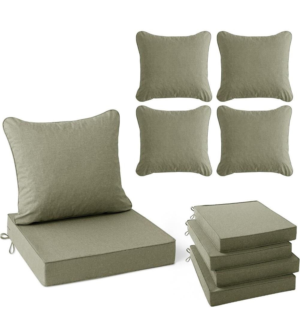 Summsun Water Resistant Outdoor Chair Cushions, Faux Linen Backrest and Deep Seat Cushion Set with Ties, Removable Cover, Non-Slip Bottom for Patio Furniture, 22 x 22 Inch, Mocca Green, Set of 4, 4P/22*22 + 22*20 Inch