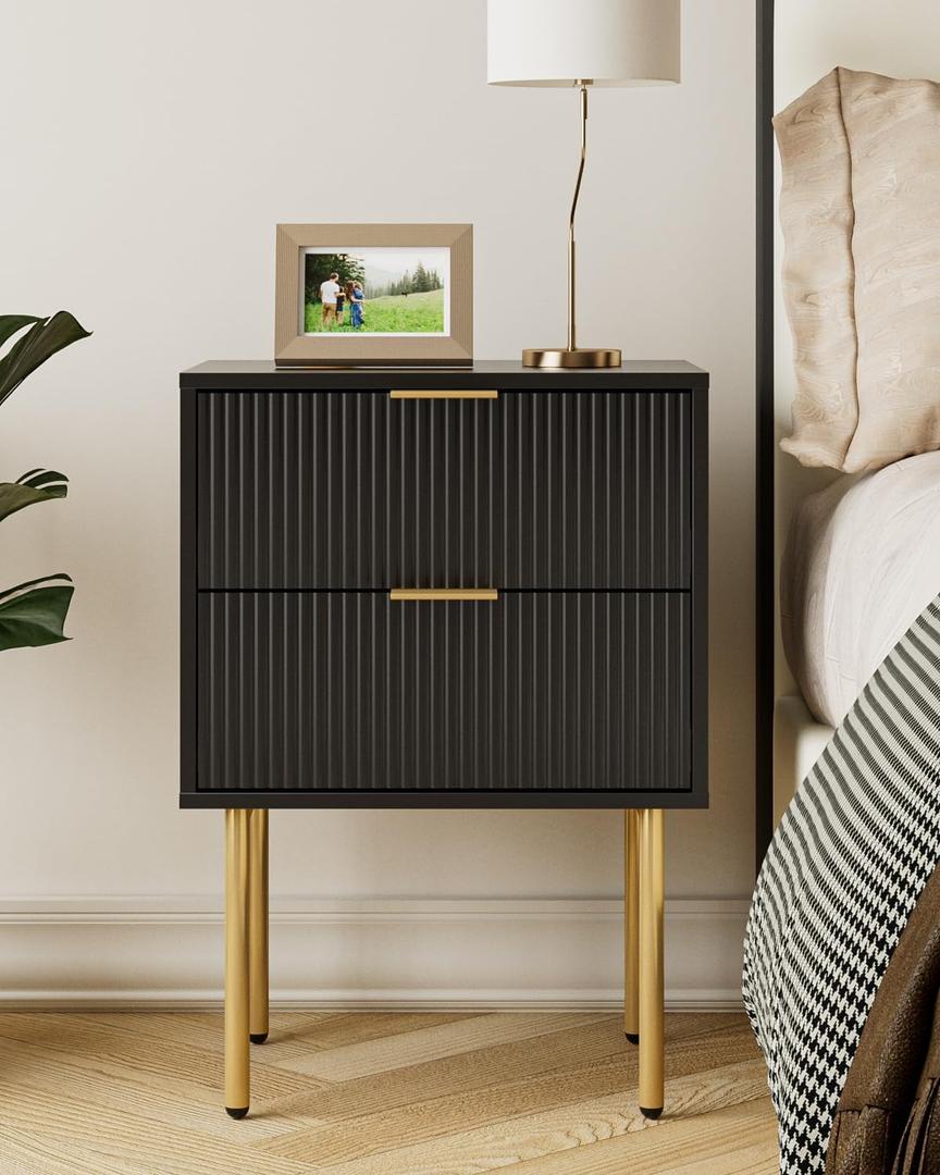 Aienvey Night Stand, Modern Nightstand with Drawers, Bedside Table, Gold Small Side Table for Bedroom, Living Room End Table (Black Stripe, 2 Drawers)