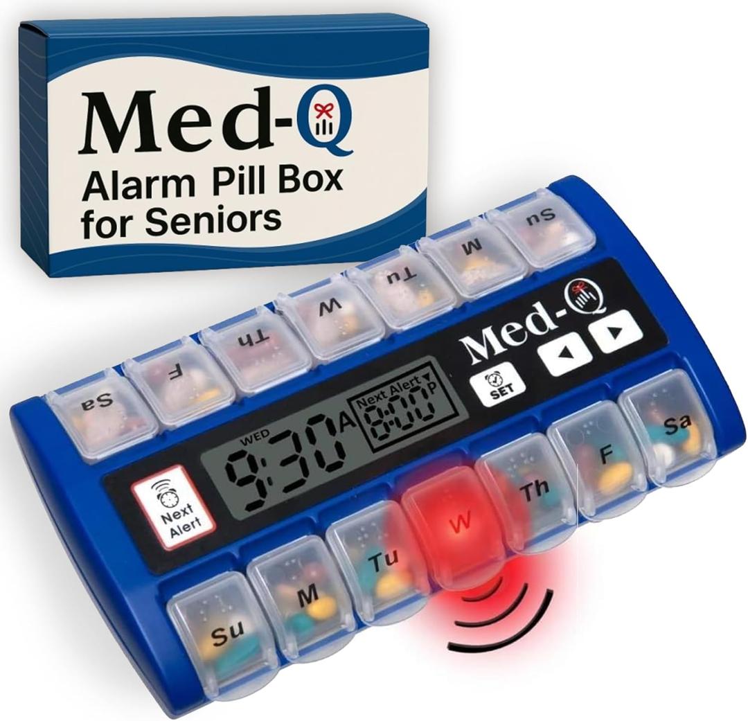 Med-Q Digital Pill Box with Alarms Pill Organizer with Flashing Lights & Beeping Reminders Monthly Pill Dispenser for Seniors, Dementia, Alzheimers, Medication & Vitamin Management
