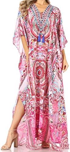 Sakkas Georgettina Flowy Rhinestone V Neck Long Caftan Dress/Cover Up 0S