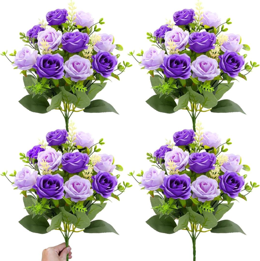 TURNMEON 40 Heads Fake Roses Artificial Flowers for Outdoors, 4 Bouquets UV Resistant Fake Flower Bouquet Faux Silk Roses for Wedding Birthday Party Home Mother's Day Cemetery Summer Decor (Purple)