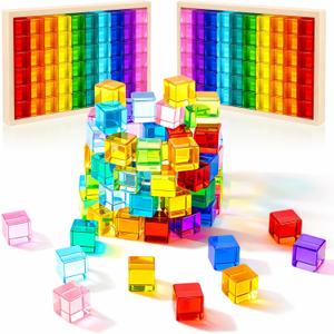 Meooeck 100 Pcs Colored Acrylic Gem Cube Blocks, Translucent Rainbow Building Stacking Sensory Train Toy with Wooden Storage Box for Toddler Kid Montessori School Classroom (Cube), 2.5 Cm X 2.5 Cm X 2.5 Cm