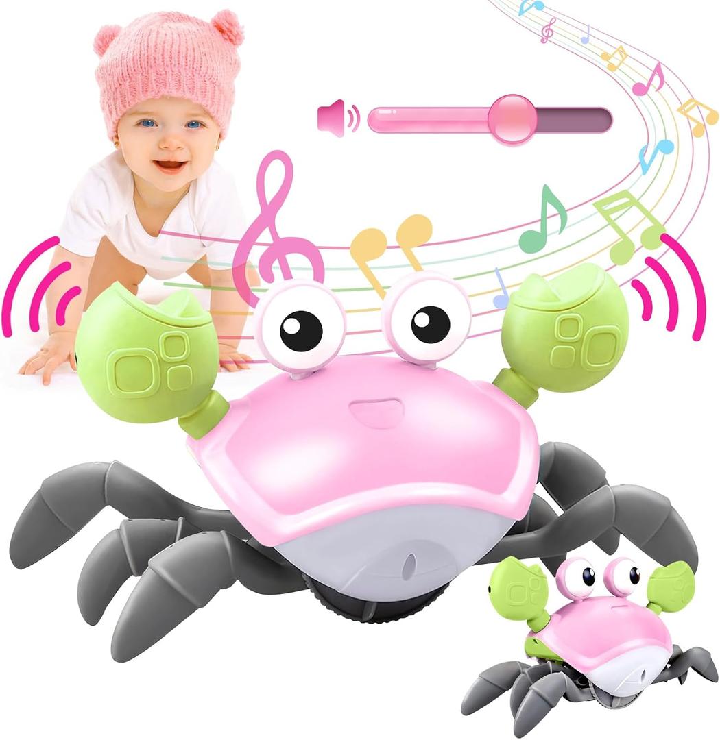 Plnmlls Crawling Crab Baby Toy - Tummy Time Toys - with Music and LED Light,Built-in Rechargeable Battery and Volume Can be Turned Off for 0-6 6-12 12-18 36 Months Walking Toddler Birthday Gift(Pink)
