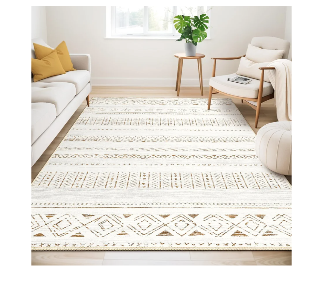 Large Living Room Area Rug 5x7: Soft Machine Washable Boho Moroccan Farmhouse Rugs for Bedroom Under Dining Table - Non-Slip Neutral Morden Indoor Floor Carpet for Home Office - Brown/Cream